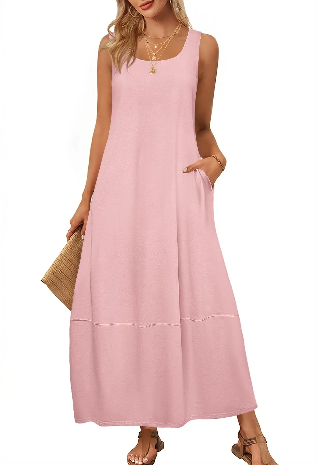 MEROKEETY Beach Dress Scoop Neck Sleeveless Loose Tank Dress