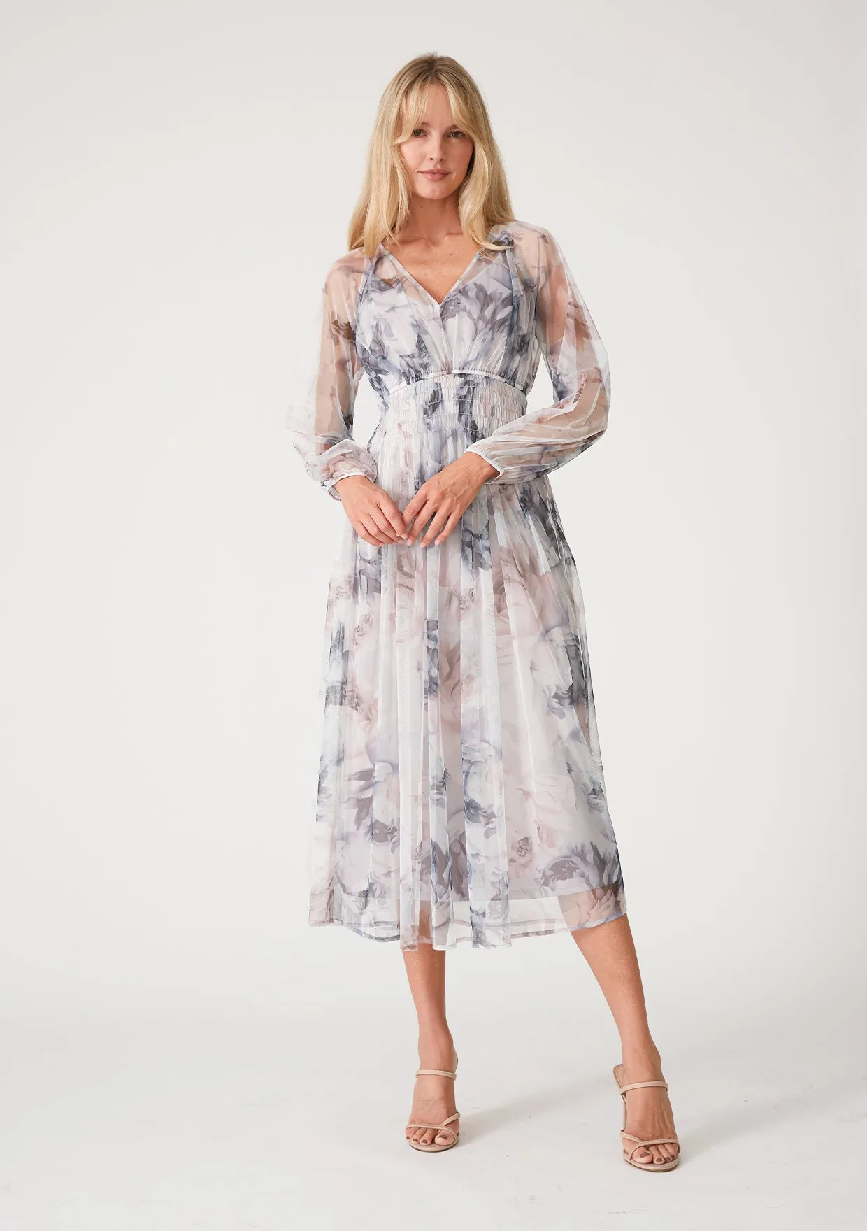 Mesh Floral V Neck Long Sleeve Sheered Maxi Dress