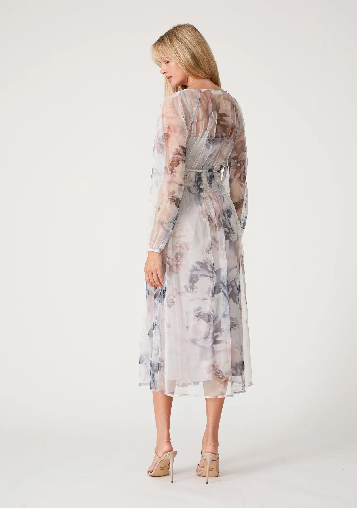 Mesh Floral V Neck Long Sleeve Sheered Maxi Dress