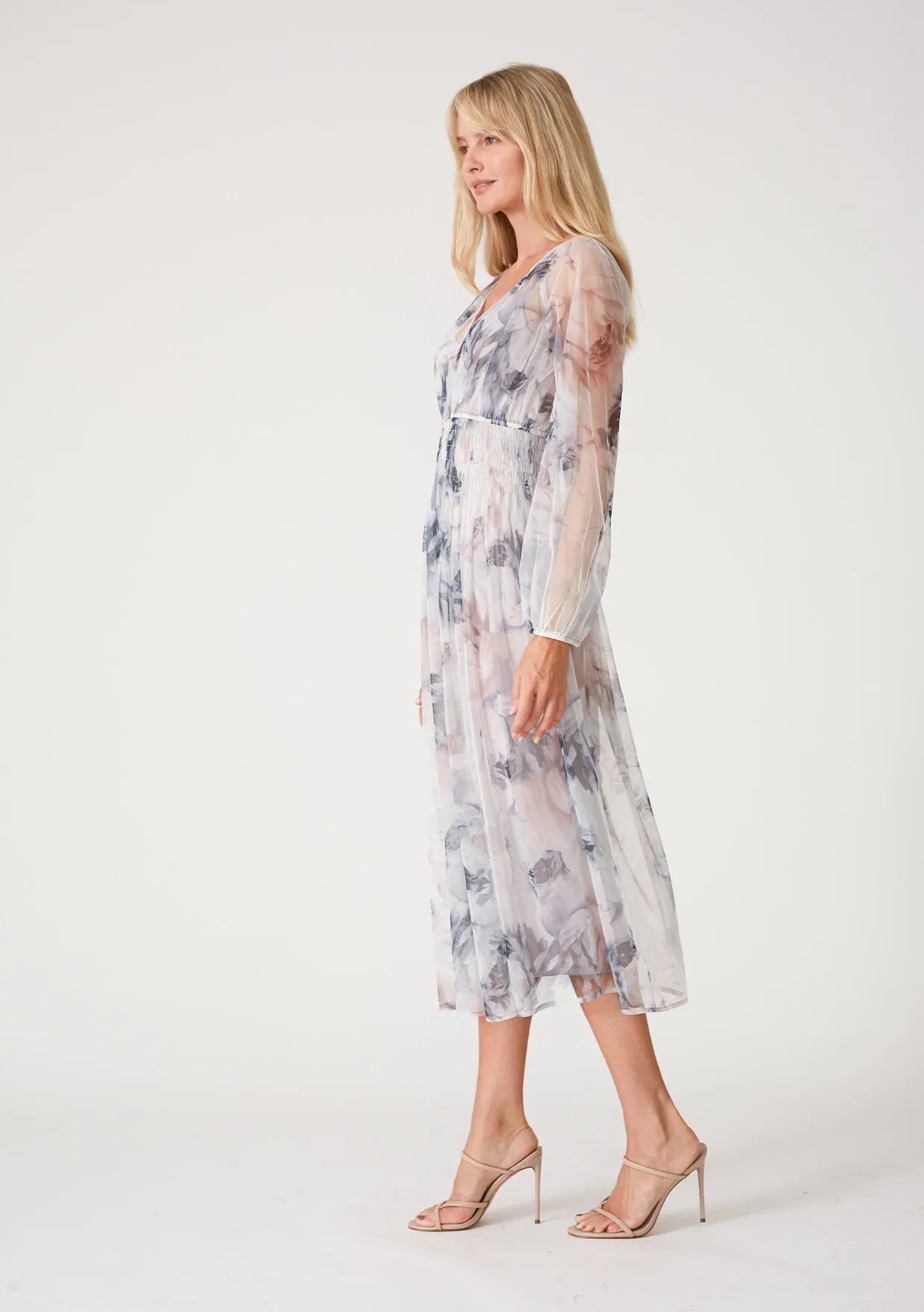 Mesh Floral V Neck Long Sleeve Sheered Maxi Dress