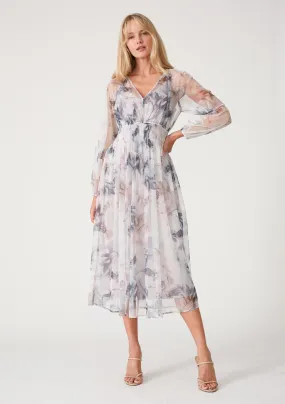 Mesh Floral V Neck Long Sleeve Sheered Maxi Dress