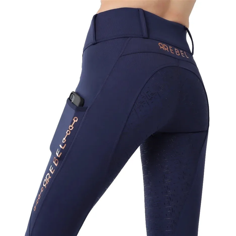 Montar REBEL Rosegold Logo Bit Chain Full Grip Pull on Riding Tights, Navy