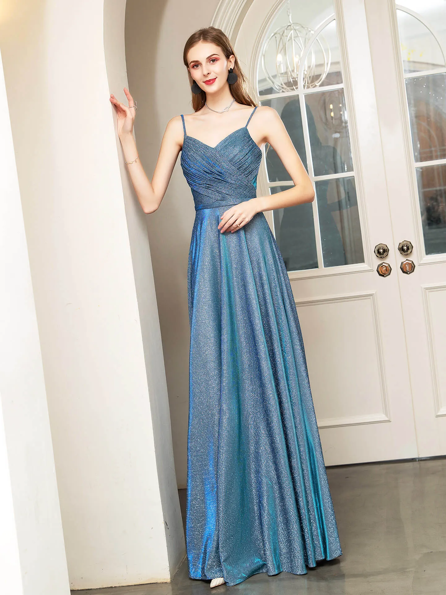 Numbersea A-line Fashion Formal Evening Dresses Spaghetti Strap Sleeveless Floor Length Prom Dresses