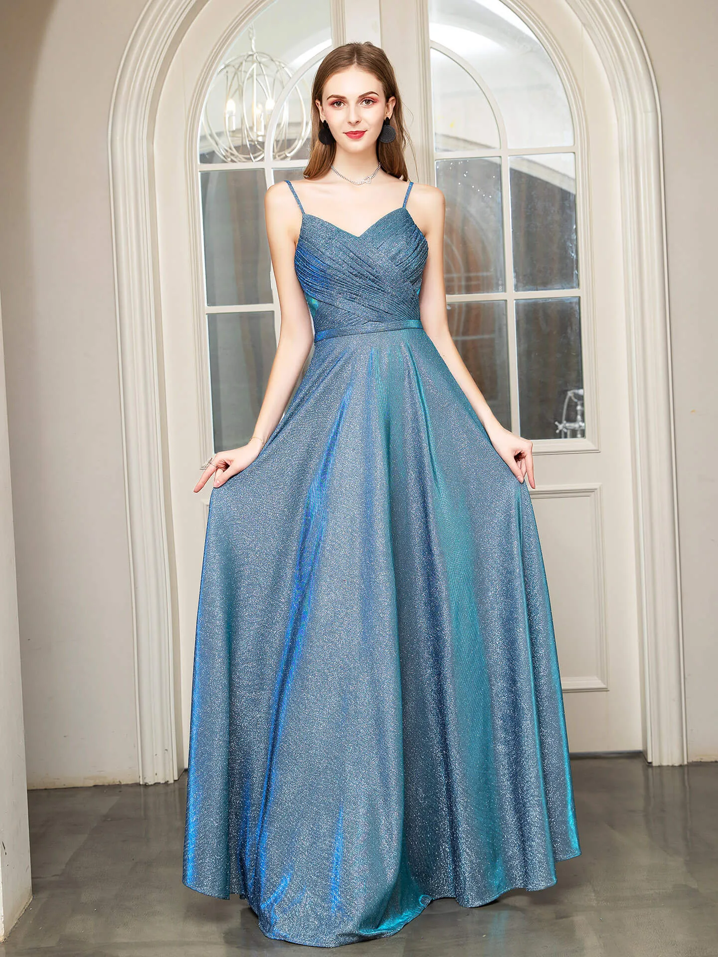 Numbersea A-line Fashion Formal Evening Dresses Spaghetti Strap Sleeveless Floor Length Prom Dresses