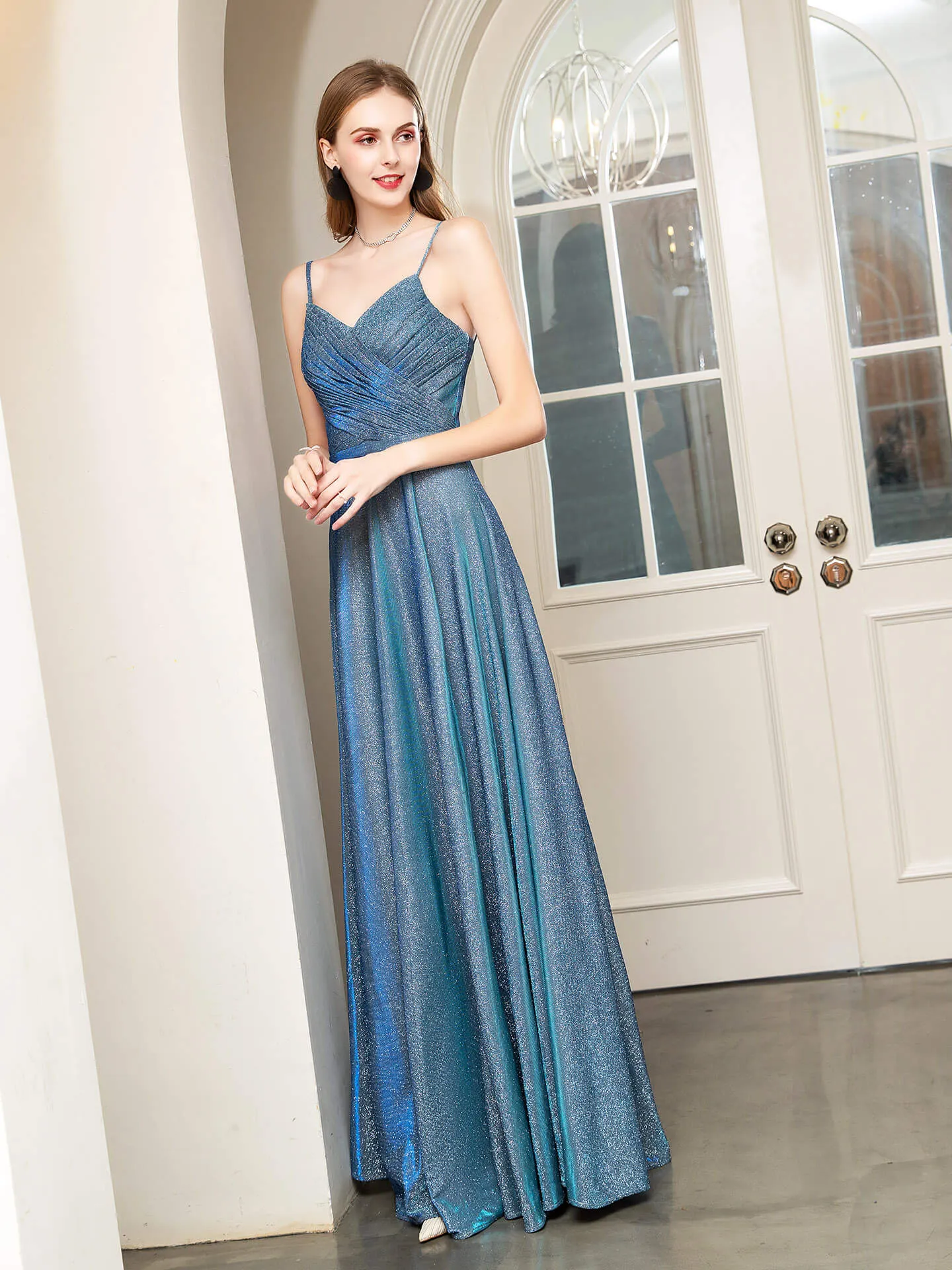 Numbersea A-line Fashion Formal Evening Dresses Spaghetti Strap Sleeveless Floor Length Prom Dresses