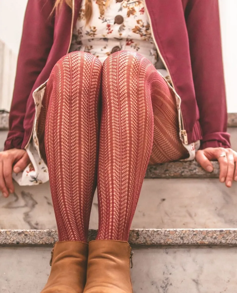 Olga Recycled Herringbone Tights Burgundy