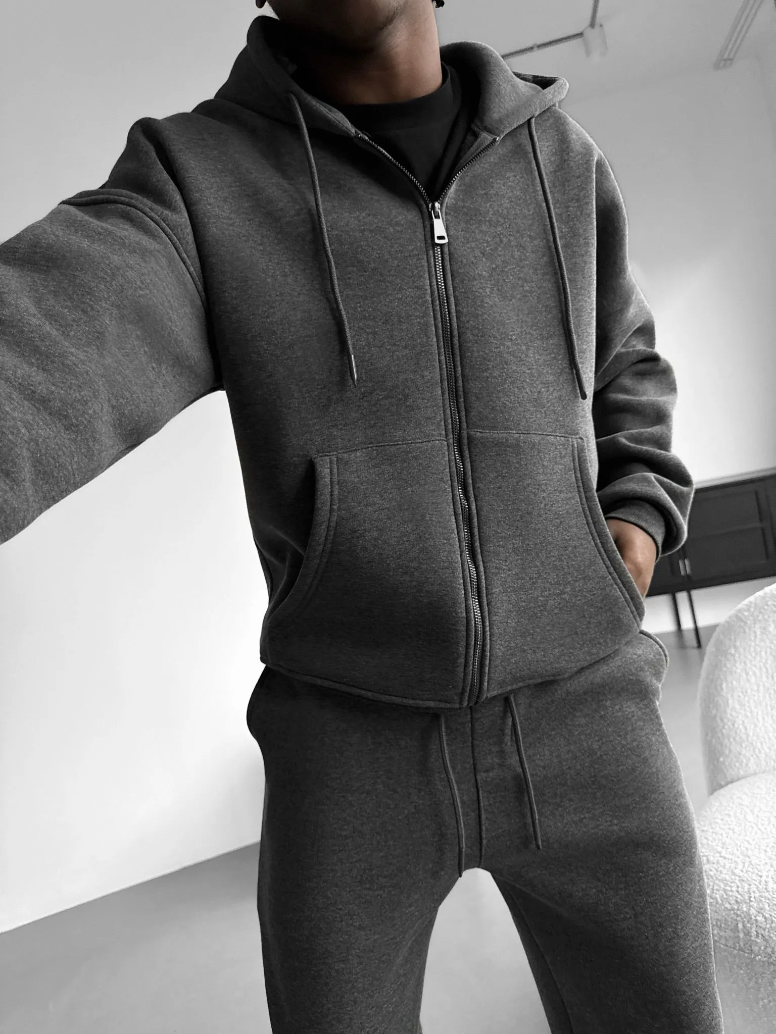 Oversize Basic Zipper Hoodie - Anthracite Melange