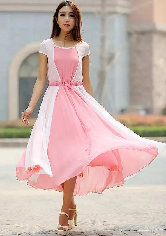 Pink chiffon dress maxi dress prom dress wedding dress (925)
