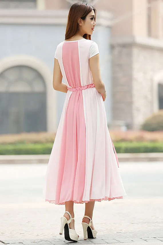 Pink chiffon dress maxi dress prom dress wedding dress (925)