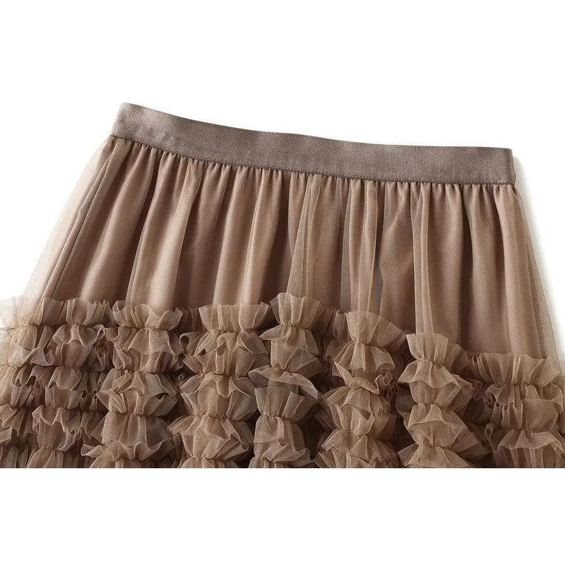 PLEATED TIERED MESH LONG SKIRT
