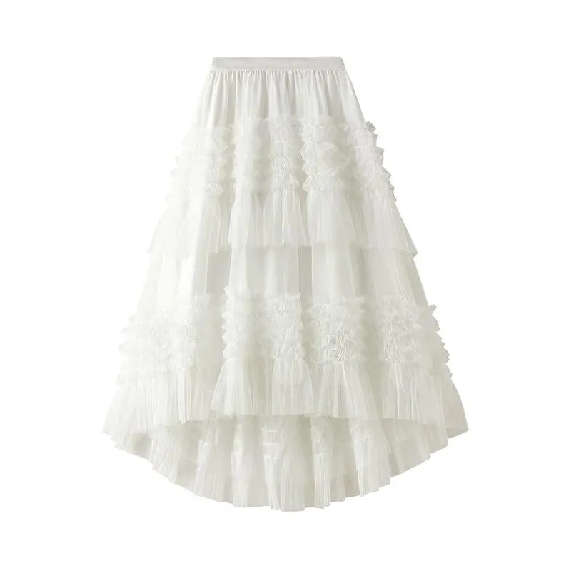 PLEATED TIERED MESH LONG SKIRT