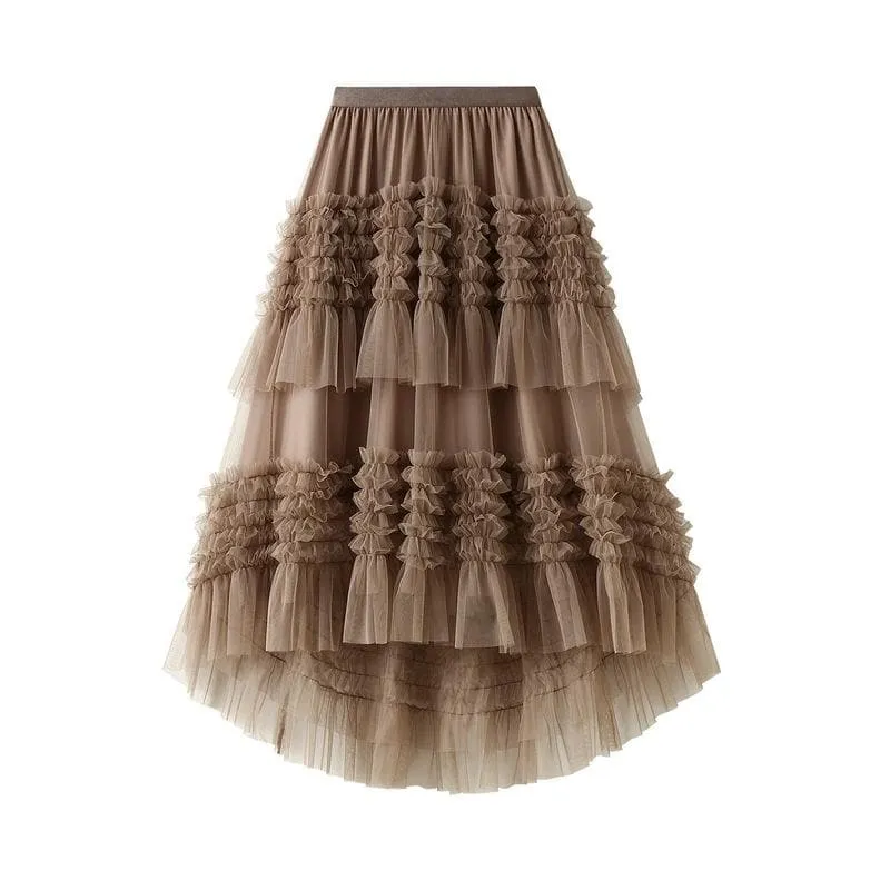 PLEATED TIERED MESH LONG SKIRT