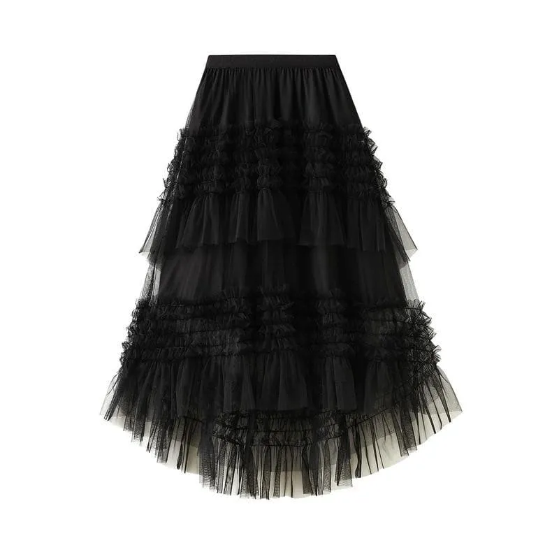 PLEATED TIERED MESH LONG SKIRT