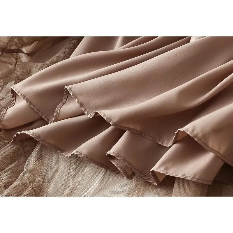 PLEATED TIERED MESH LONG SKIRT