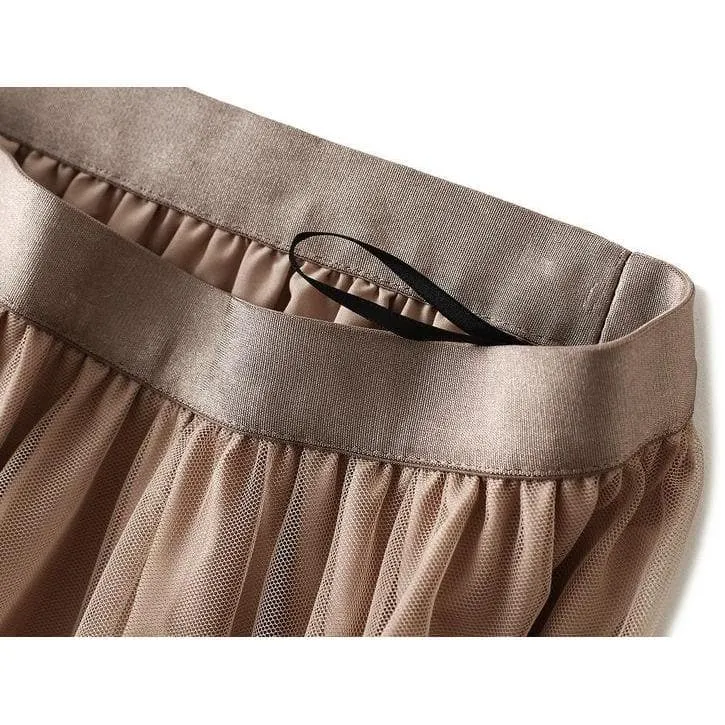 PLEATED TIERED MESH LONG SKIRT