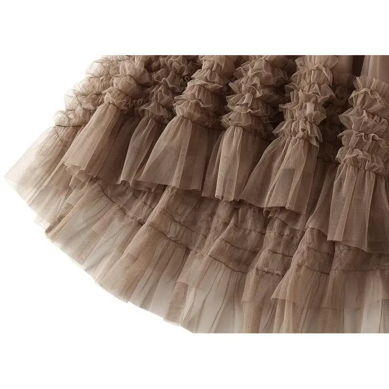 PLEATED TIERED MESH LONG SKIRT