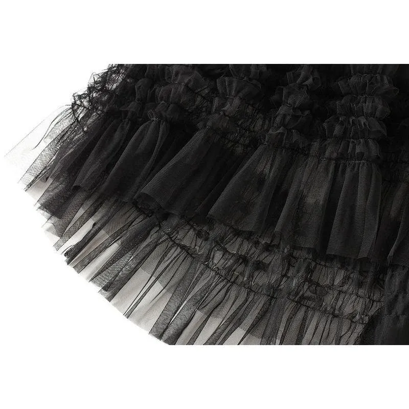PLEATED TIERED MESH LONG SKIRT