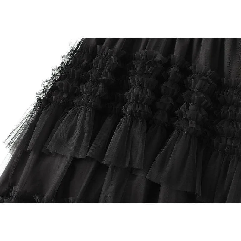 PLEATED TIERED MESH LONG SKIRT