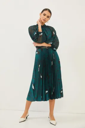 Print Green High Neck Balloon Sleeve Pleated Midi Dress