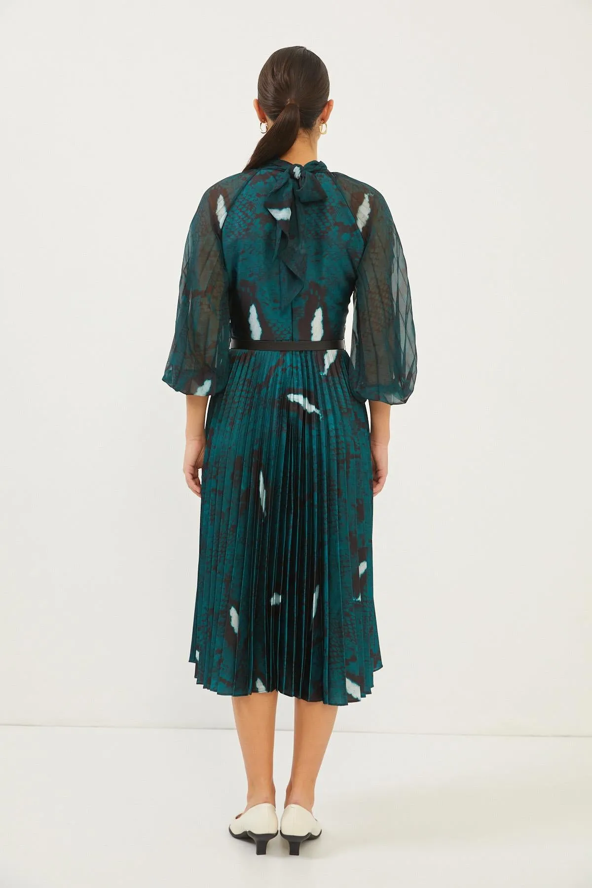 Print Green High Neck Balloon Sleeve Pleated Midi Dress