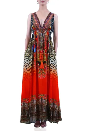 Printed Orange Maxi Dress