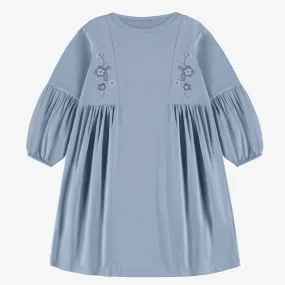 Robe bleue avec fronces en jersey extensible, enfant || Blue dress with gathers in stretch jersey, child