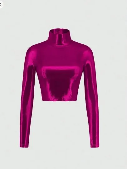 Shein Glossy Coated Turtleneck Long Sleeve Skinny T-Shirt  