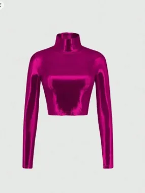 Shein Glossy Coated Turtleneck Long Sleeve Skinny T-Shirt  