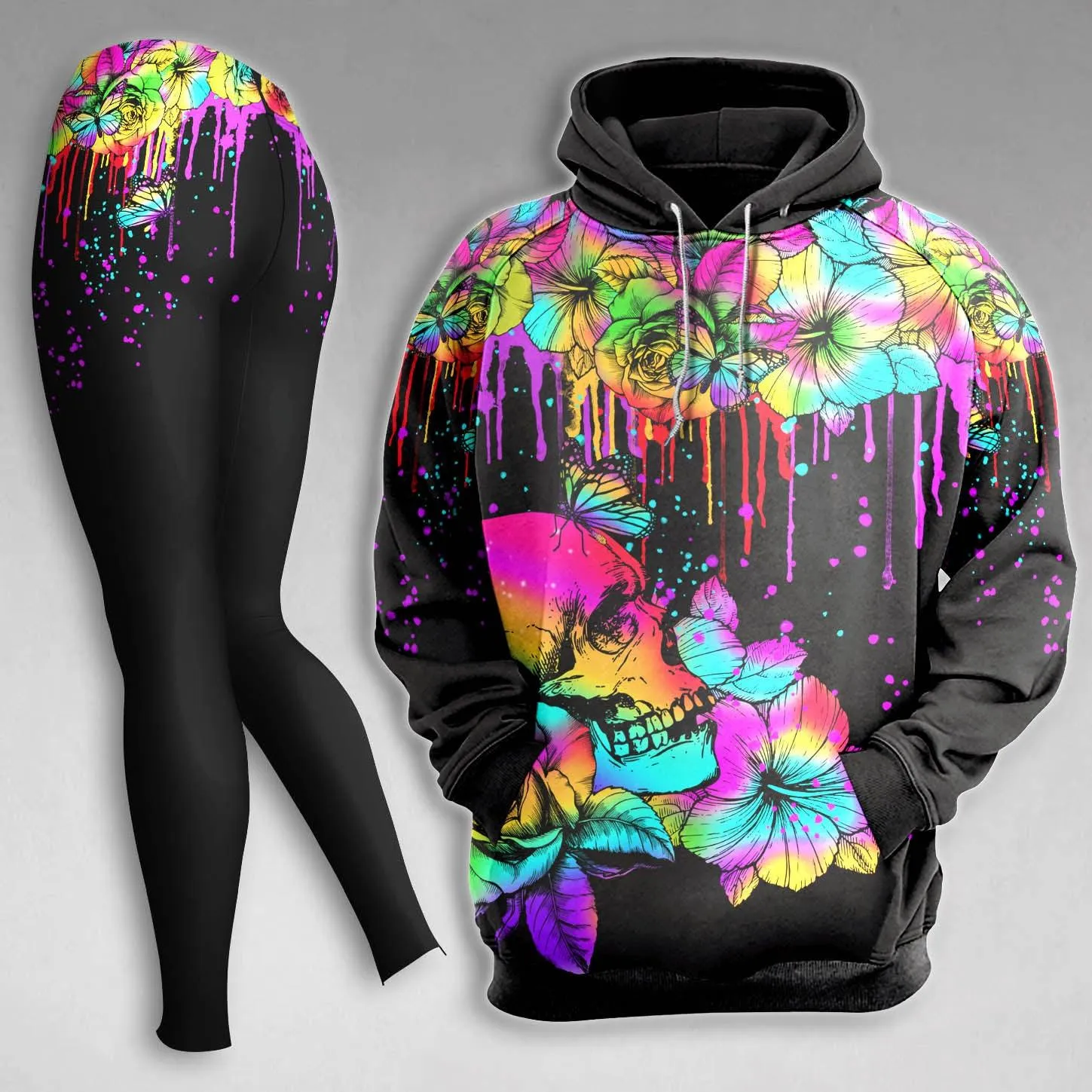 Skull Flower Colorful Gothic Combo Hoodie and Leggings
