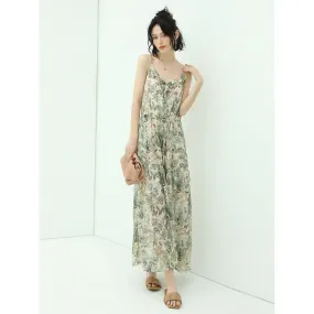 Strappy Floral Green Chiffon Maxi Dress
