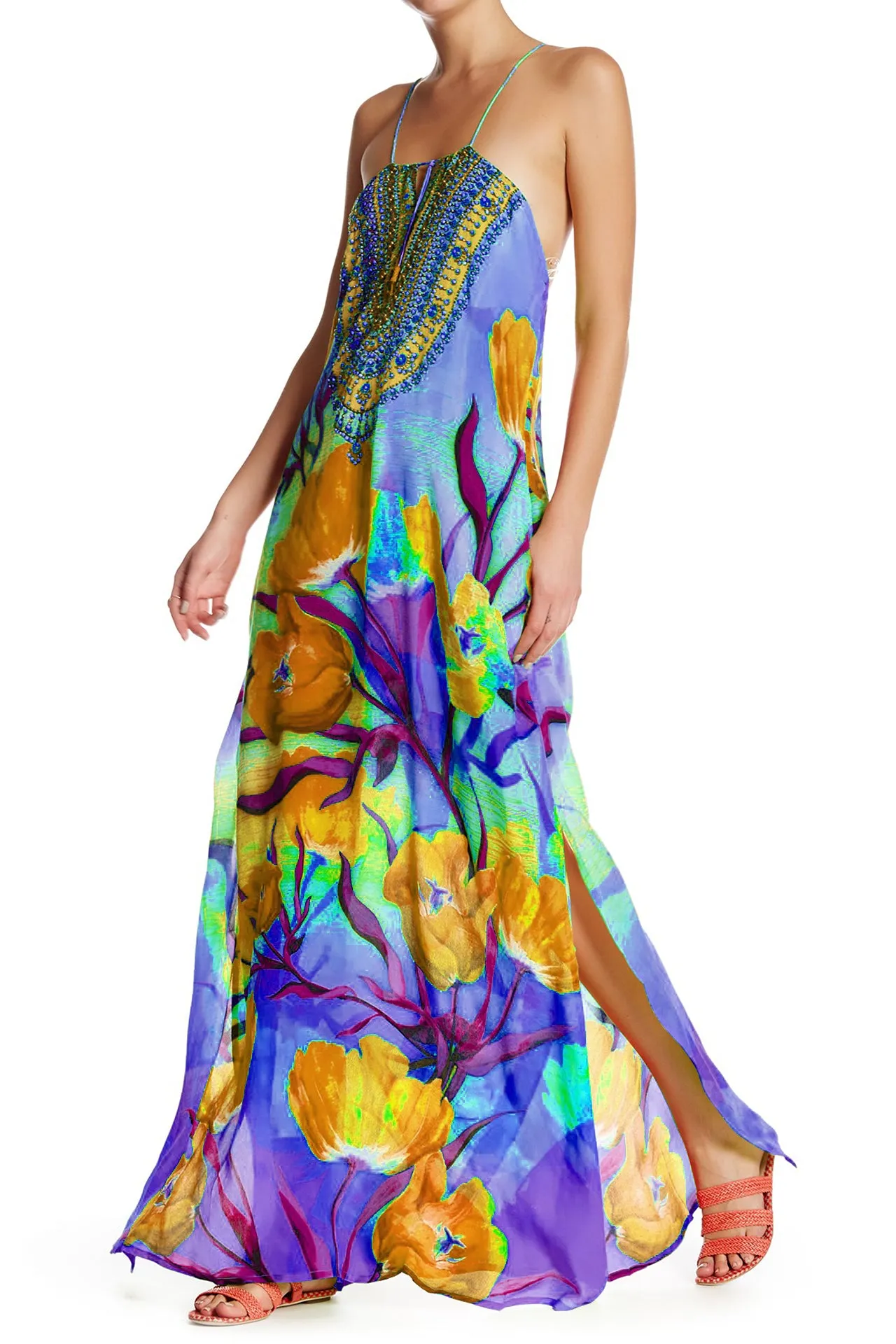Strappy Purple Long Silk Dress