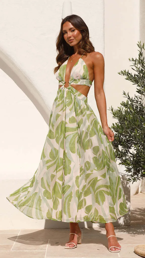 Summer V neck Backless Lace Printing Swing Maxi Dress