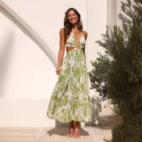 Summer V neck Backless Lace Printing Swing Maxi Dress