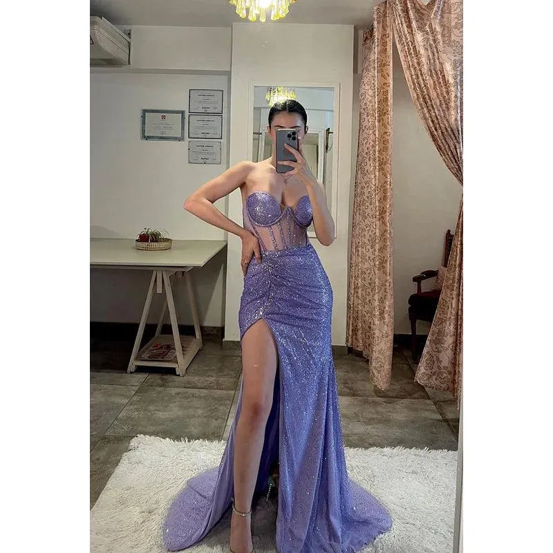 Sweetheart Strapless Sheer Sequined Sheath Long Prom Gown With Slit