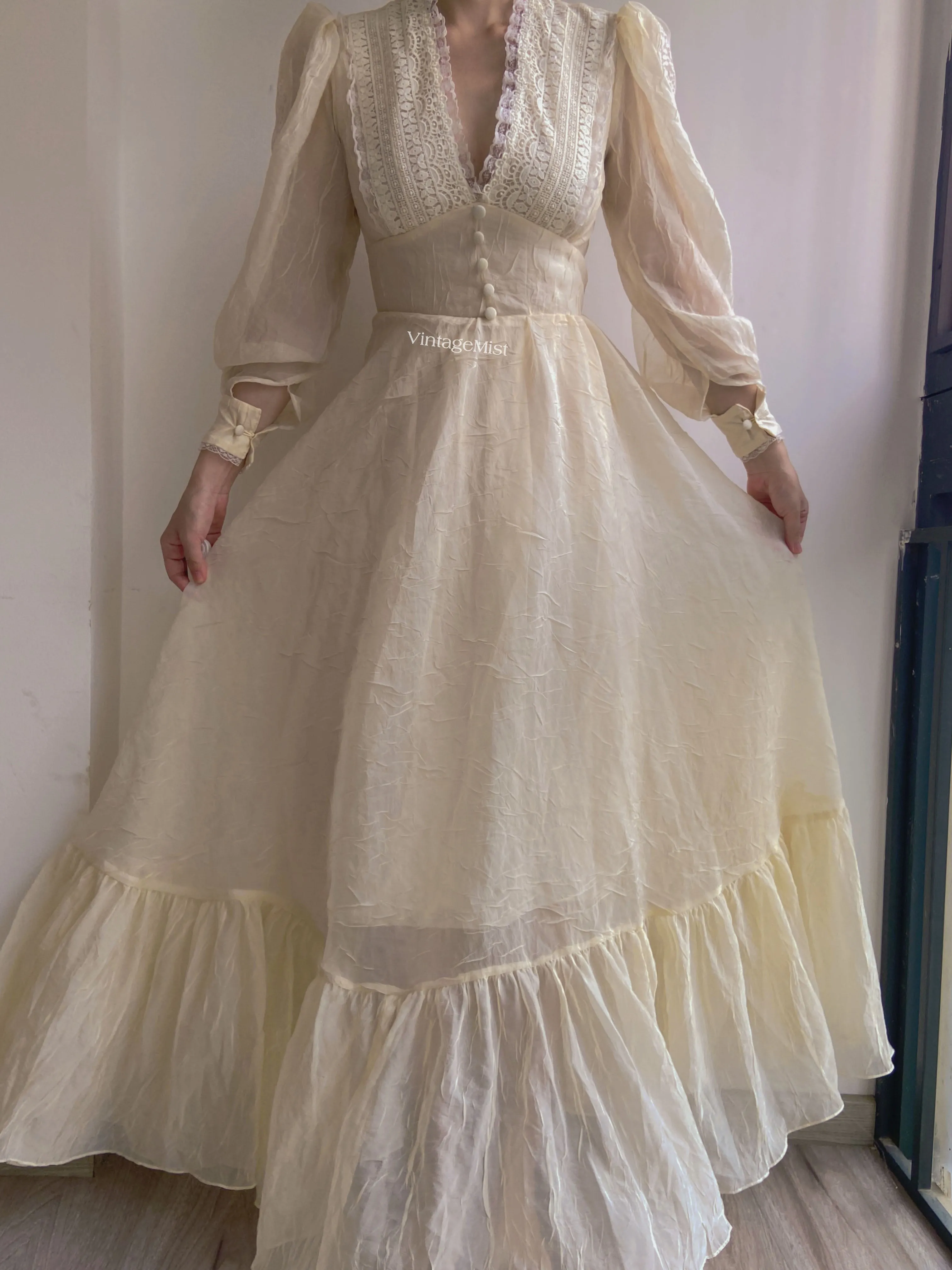 Vintage 70s  Lace Gown Maxi Dress with Long Sleeves
