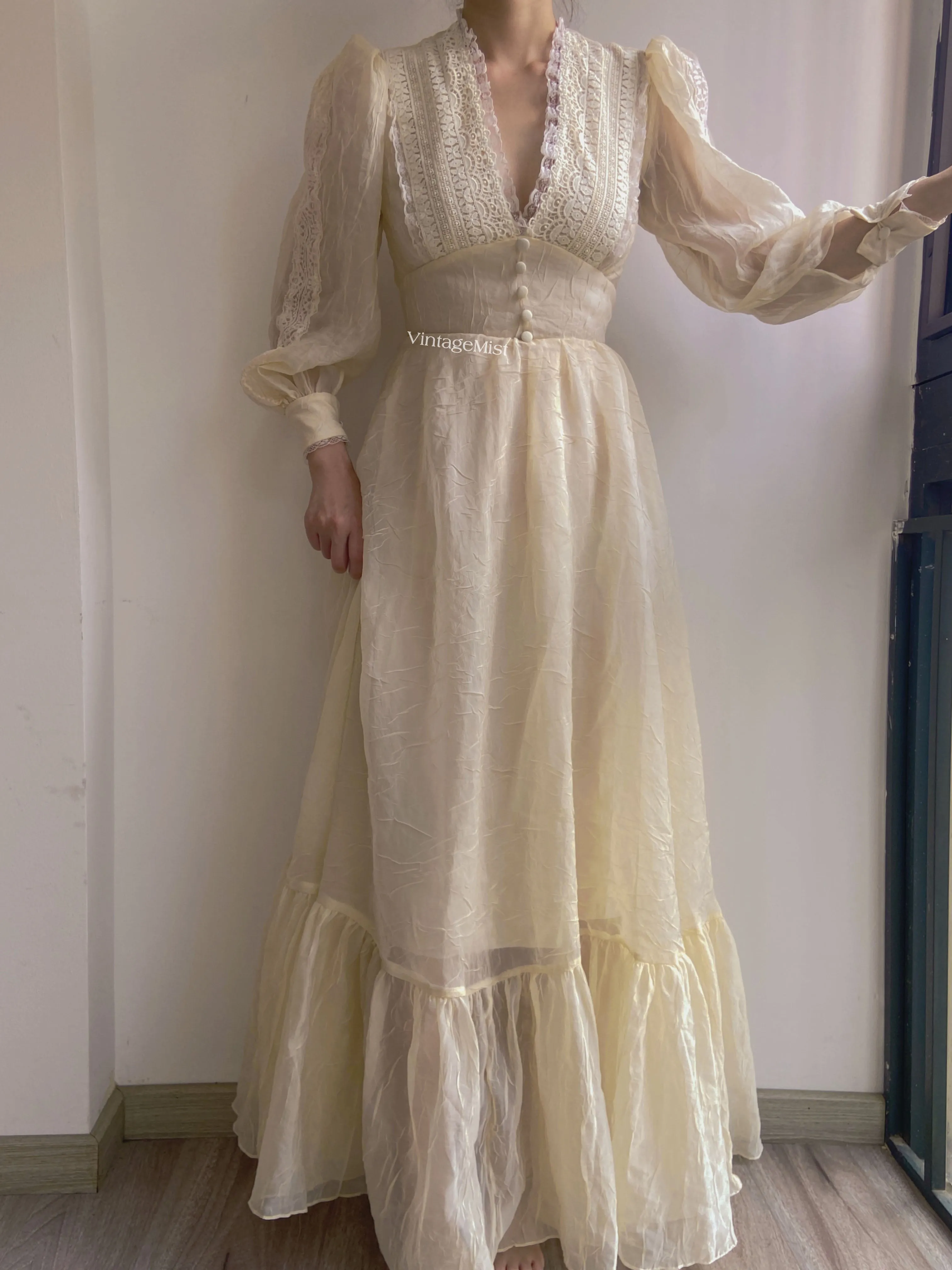 Vintage 70s  Lace Gown Maxi Dress with Long Sleeves