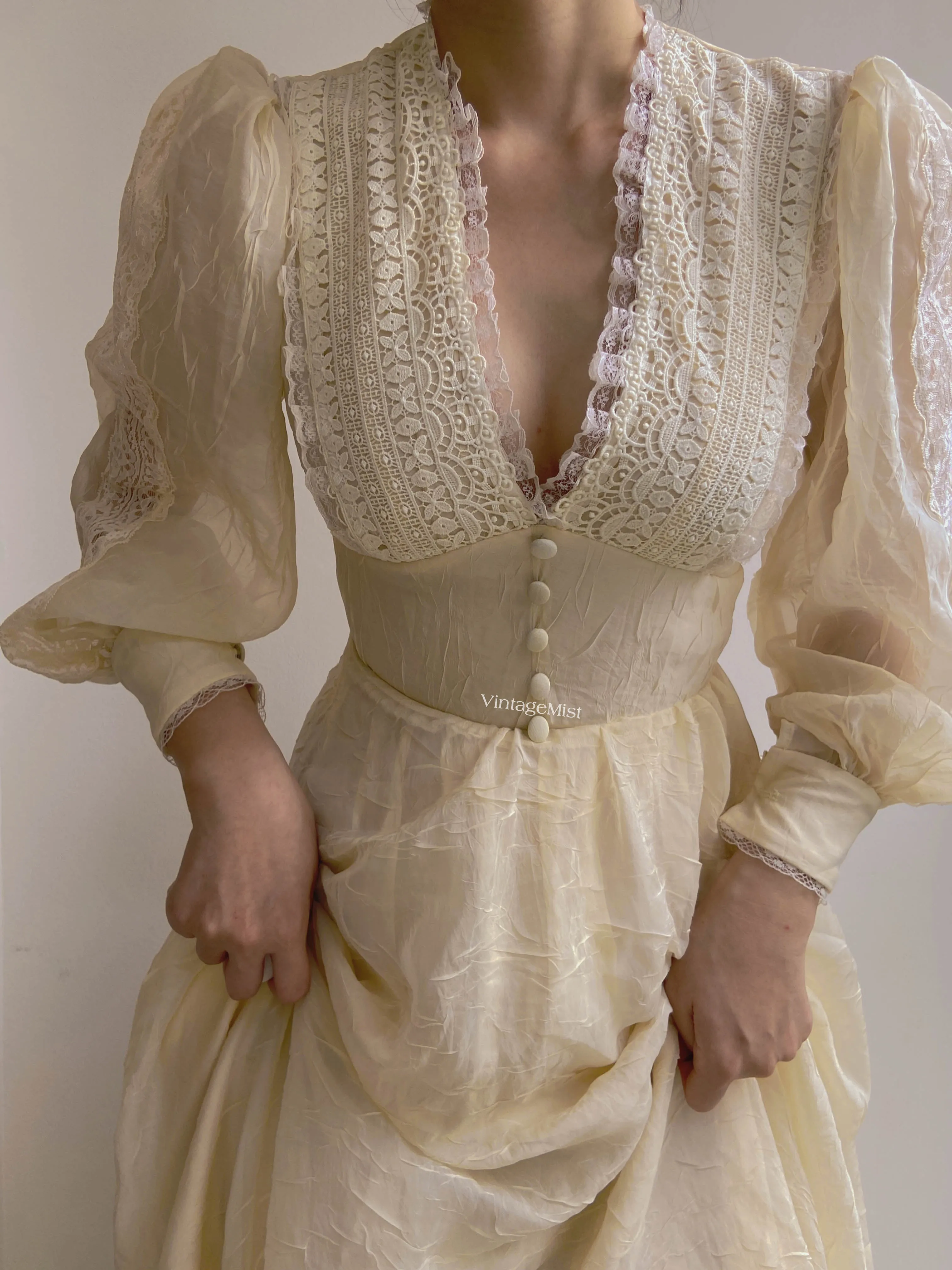 Vintage 70s  Lace Gown Maxi Dress with Long Sleeves
