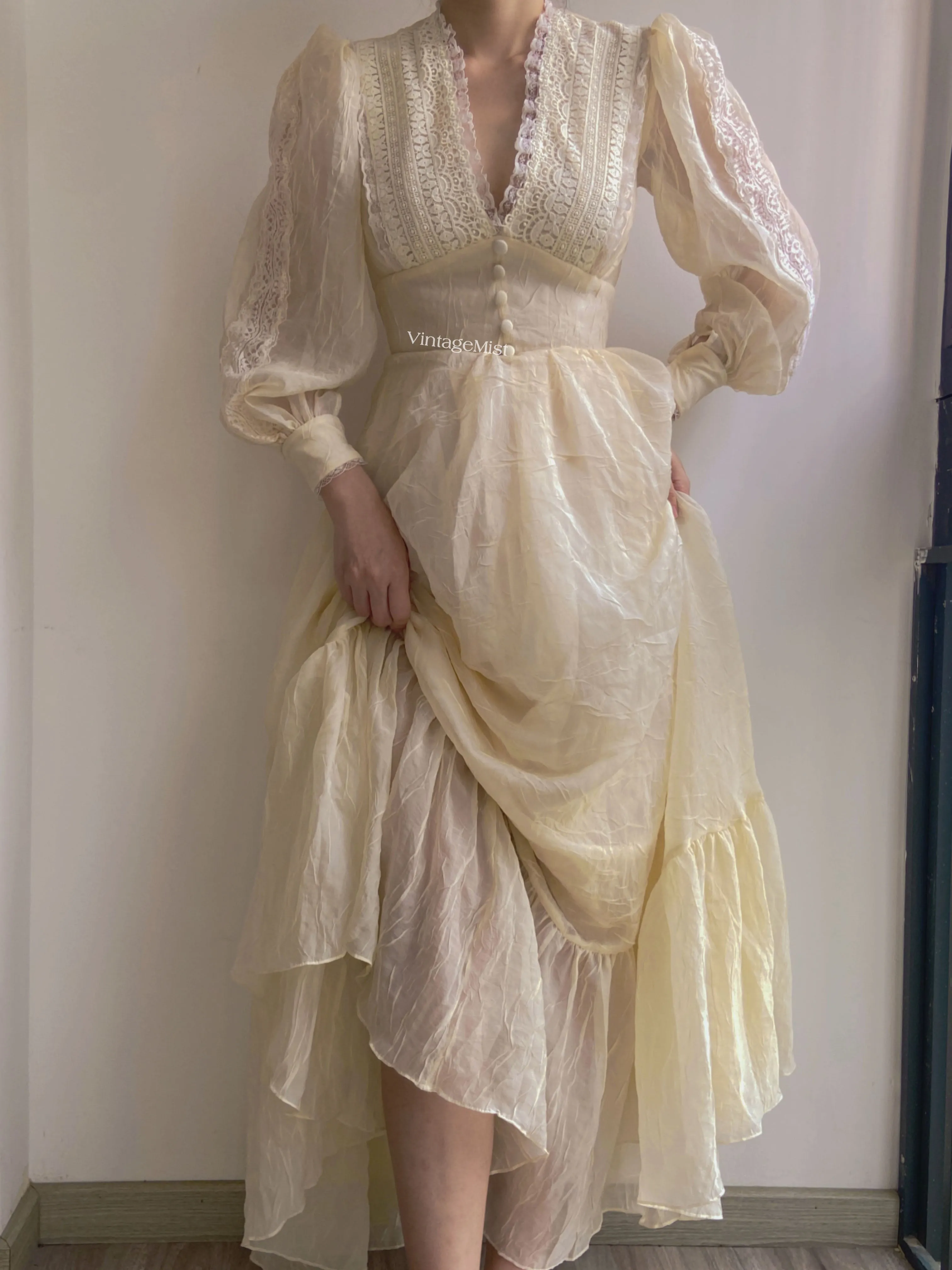 Vintage 70s  Lace Gown Maxi Dress with Long Sleeves