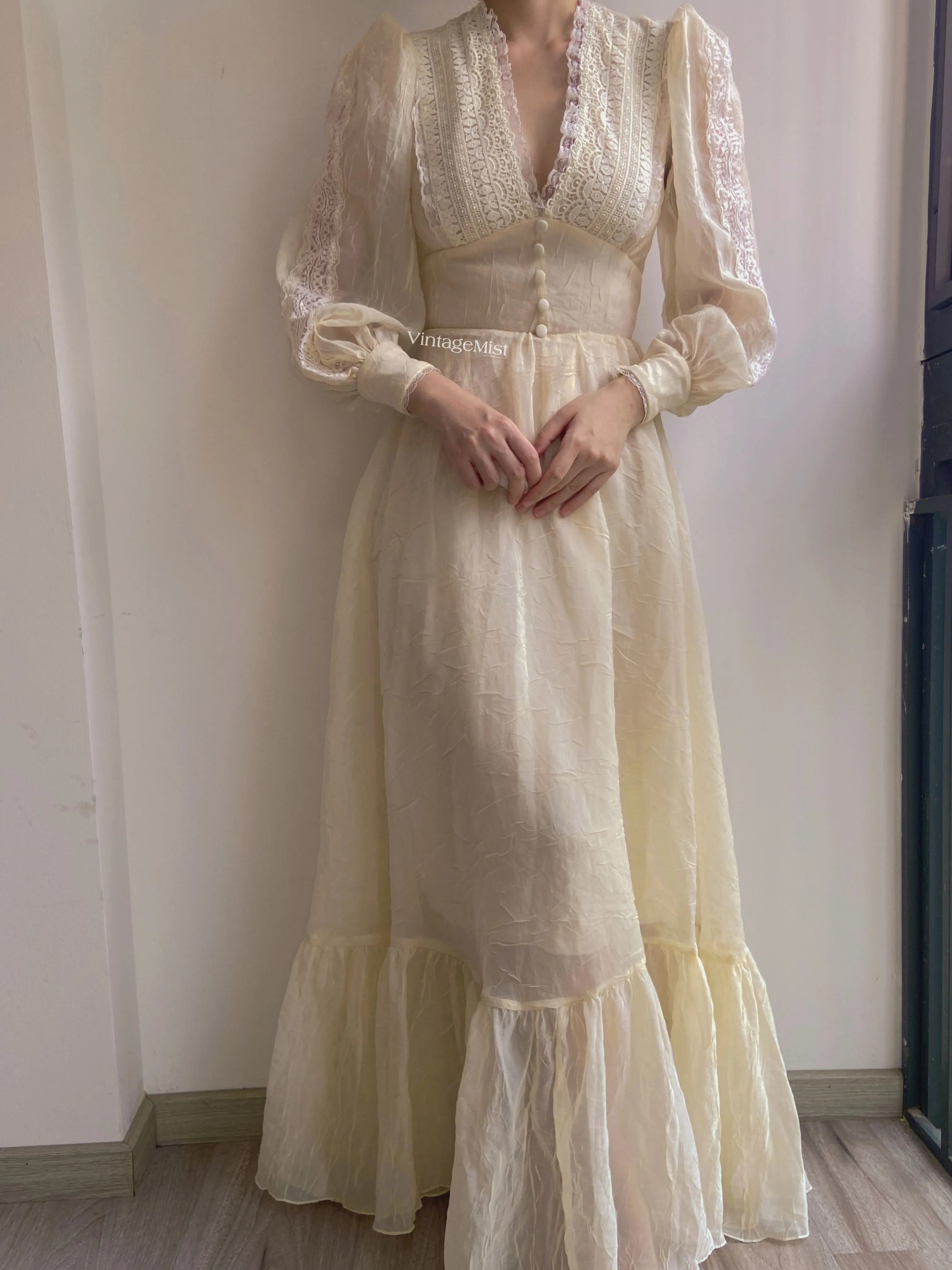 Vintage 70s  Lace Gown Maxi Dress with Long Sleeves