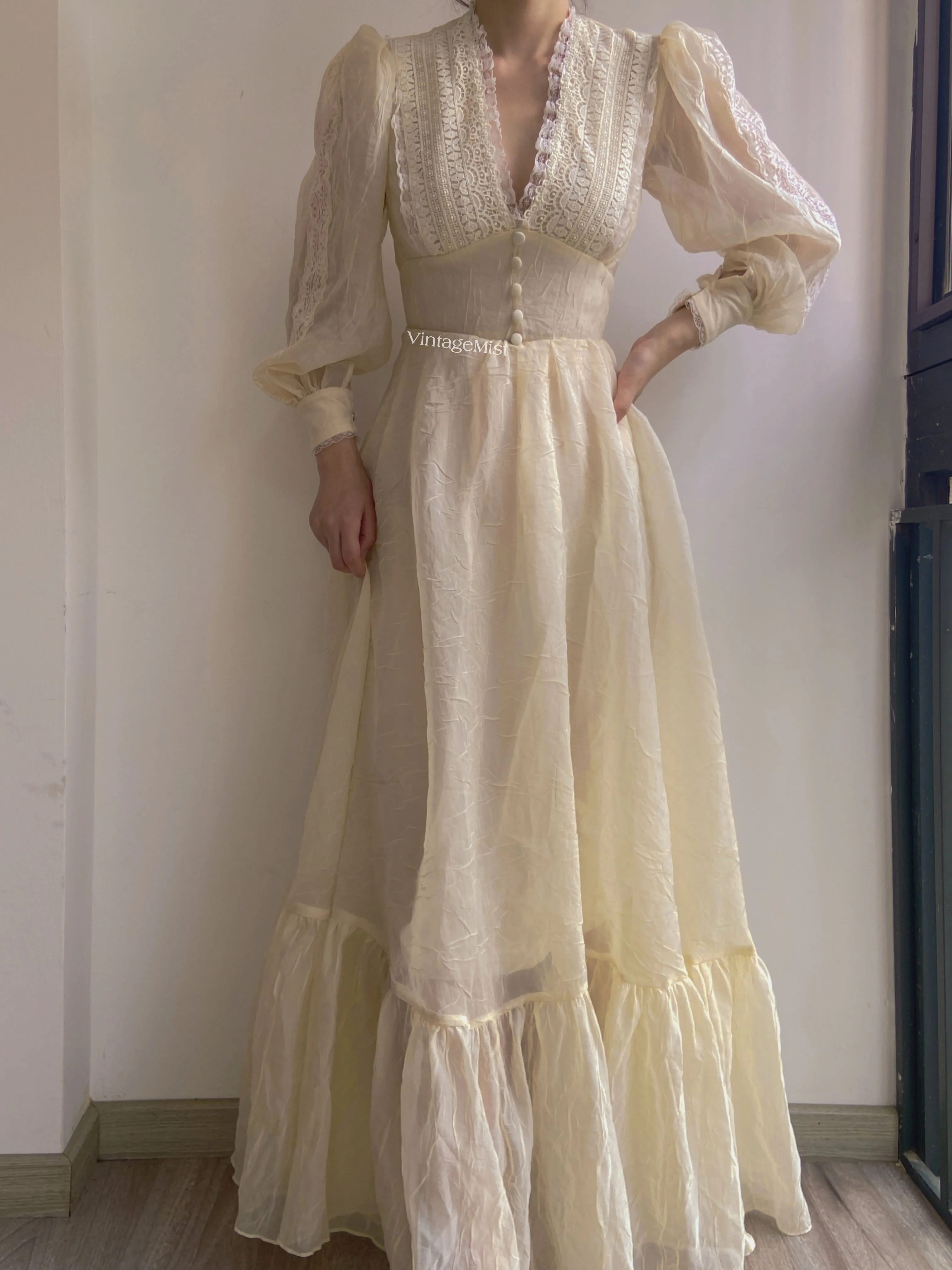 Vintage 70s  Lace Gown Maxi Dress with Long Sleeves