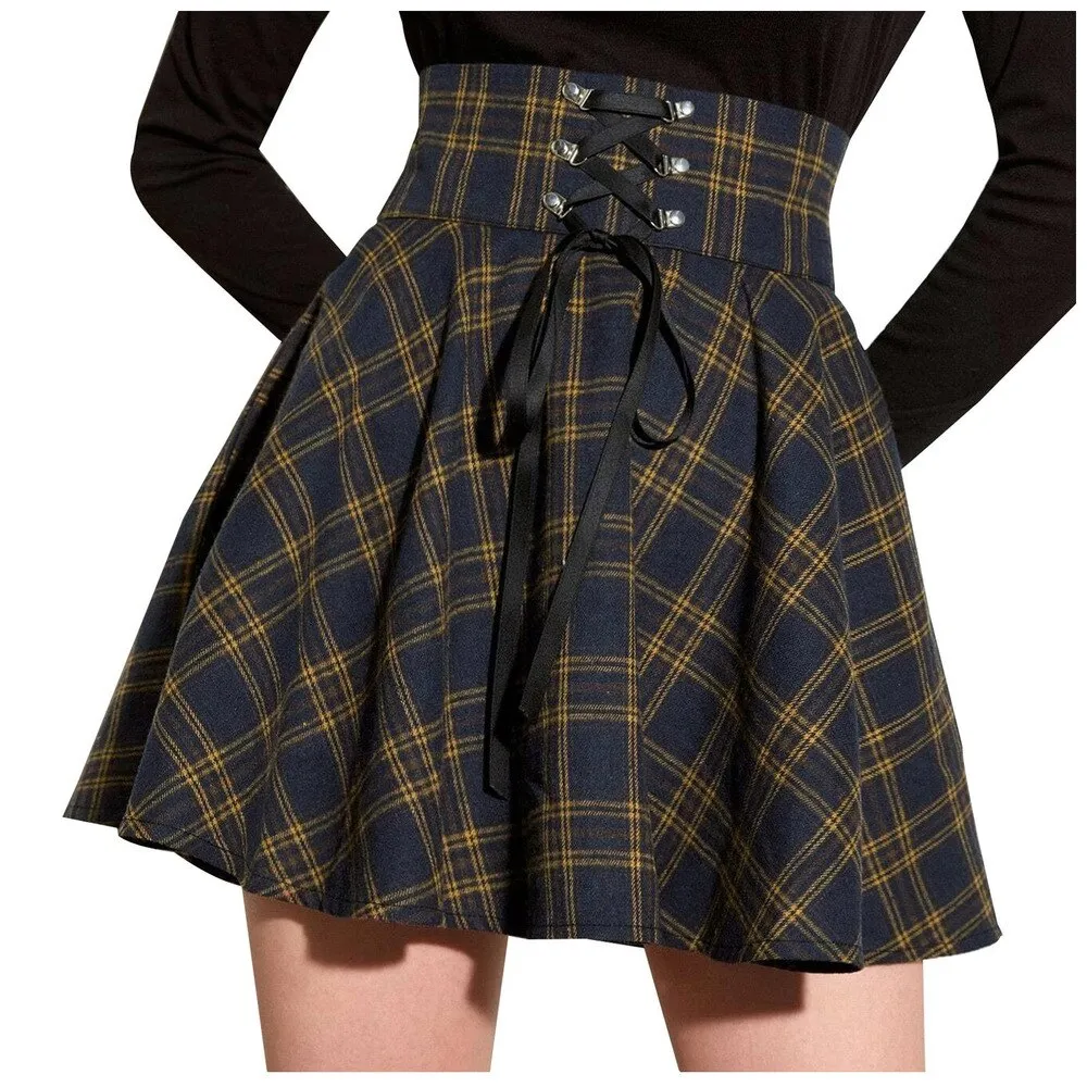 Vintage Pleated Skirt Mini Skirts Retro Grunge Ladies Plaid Lace Up Skirt E Girl Punk Skater
