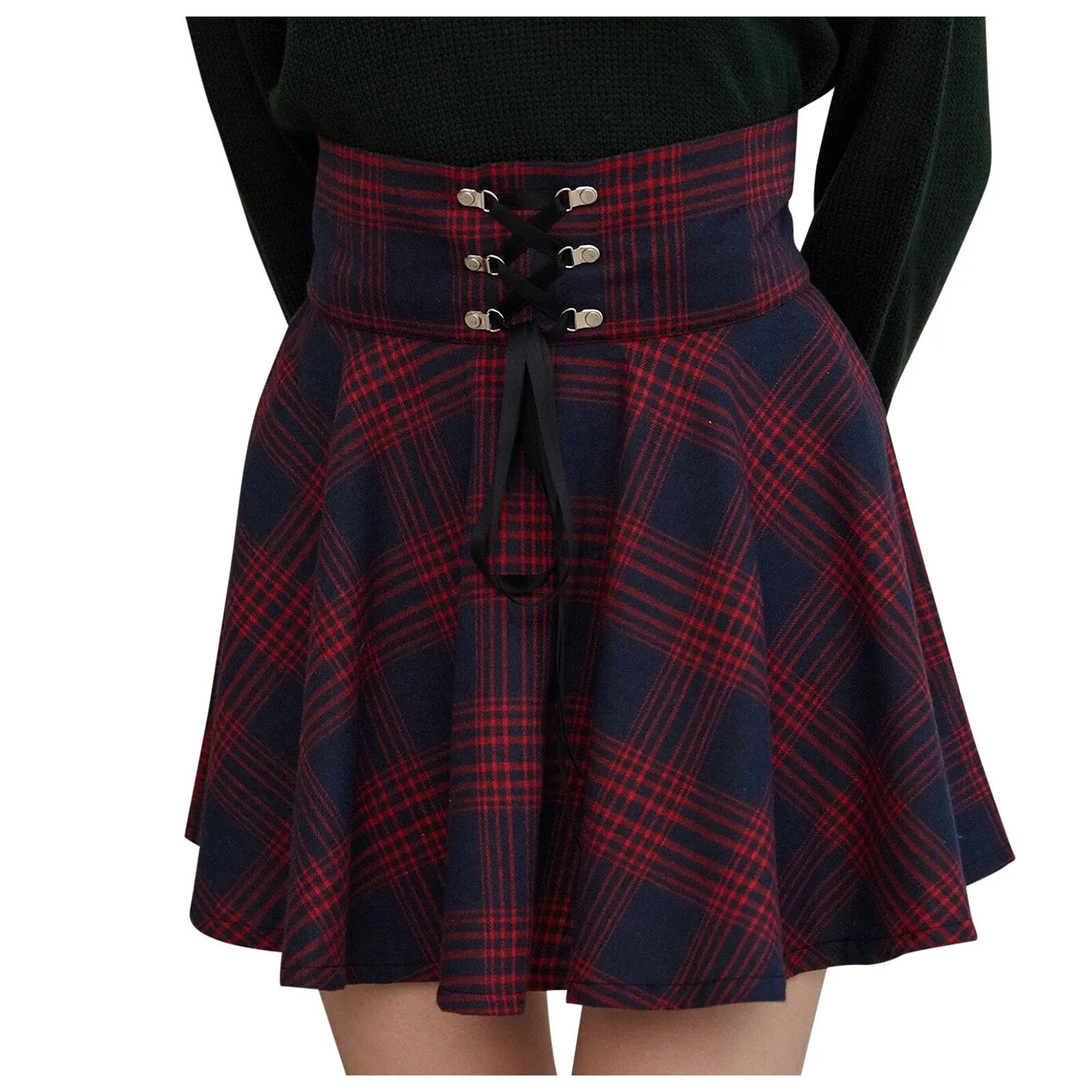 Vintage Pleated Skirt Mini Skirts Retro Grunge Ladies Plaid Lace Up Skirt E Girl Punk Skater