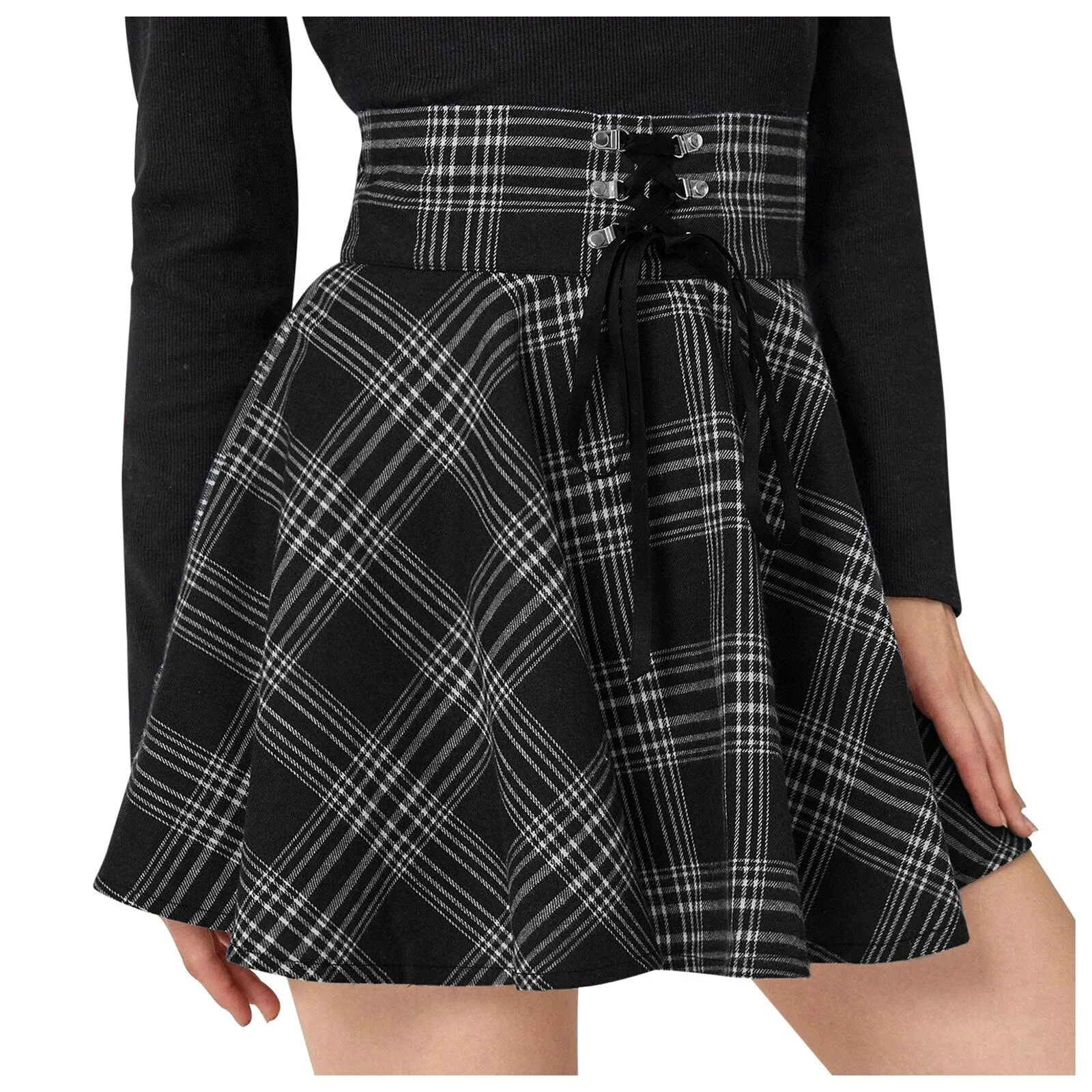 Vintage Pleated Skirt Mini Skirts Retro Grunge Ladies Plaid Lace Up Skirt E Girl Punk Skater