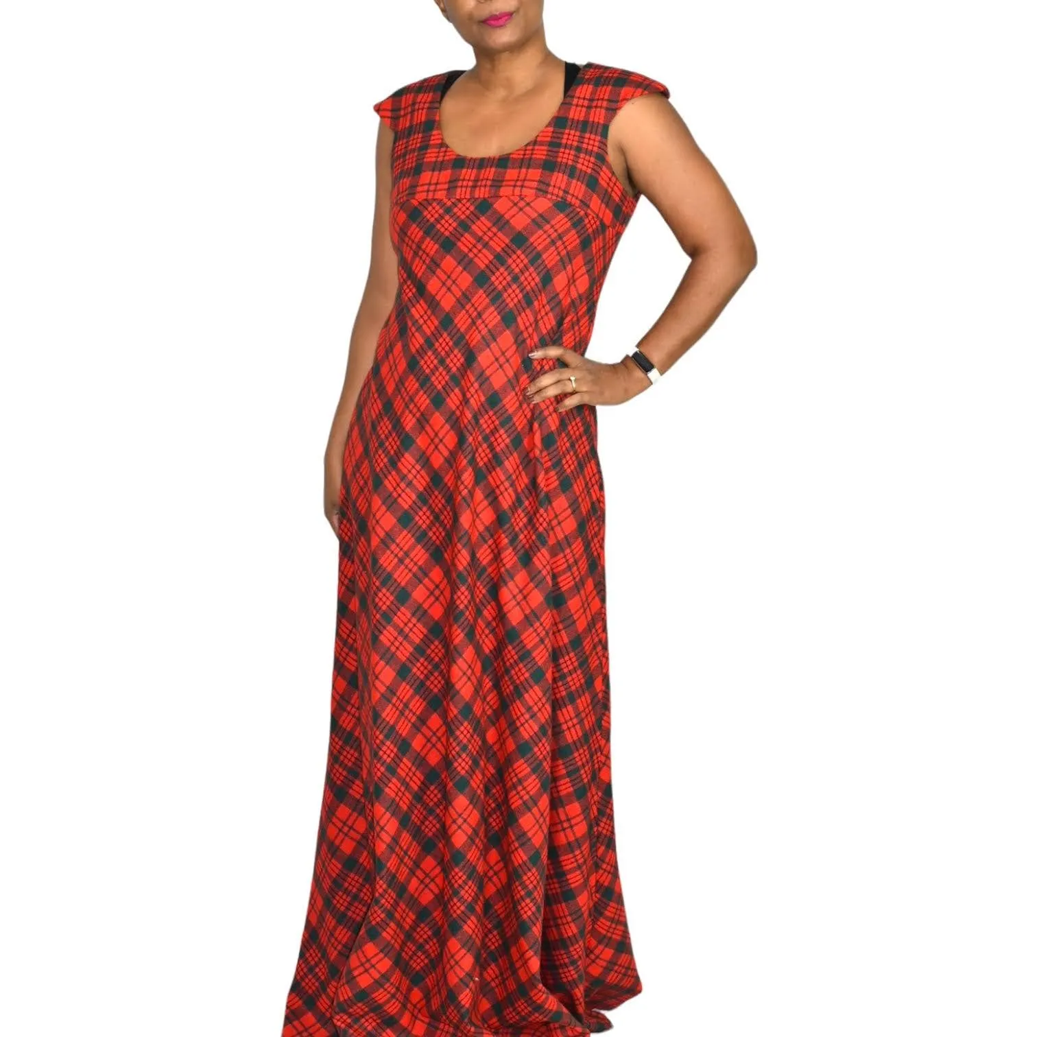 Vintage Tartan Maxi Dress Matching Shawl Red Wool Saba Plaid 70s Size Medium