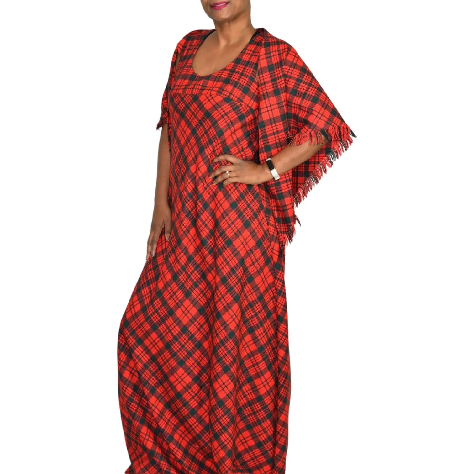 Vintage Tartan Maxi Dress Matching Shawl Red Wool Saba Plaid 70s Size Medium
