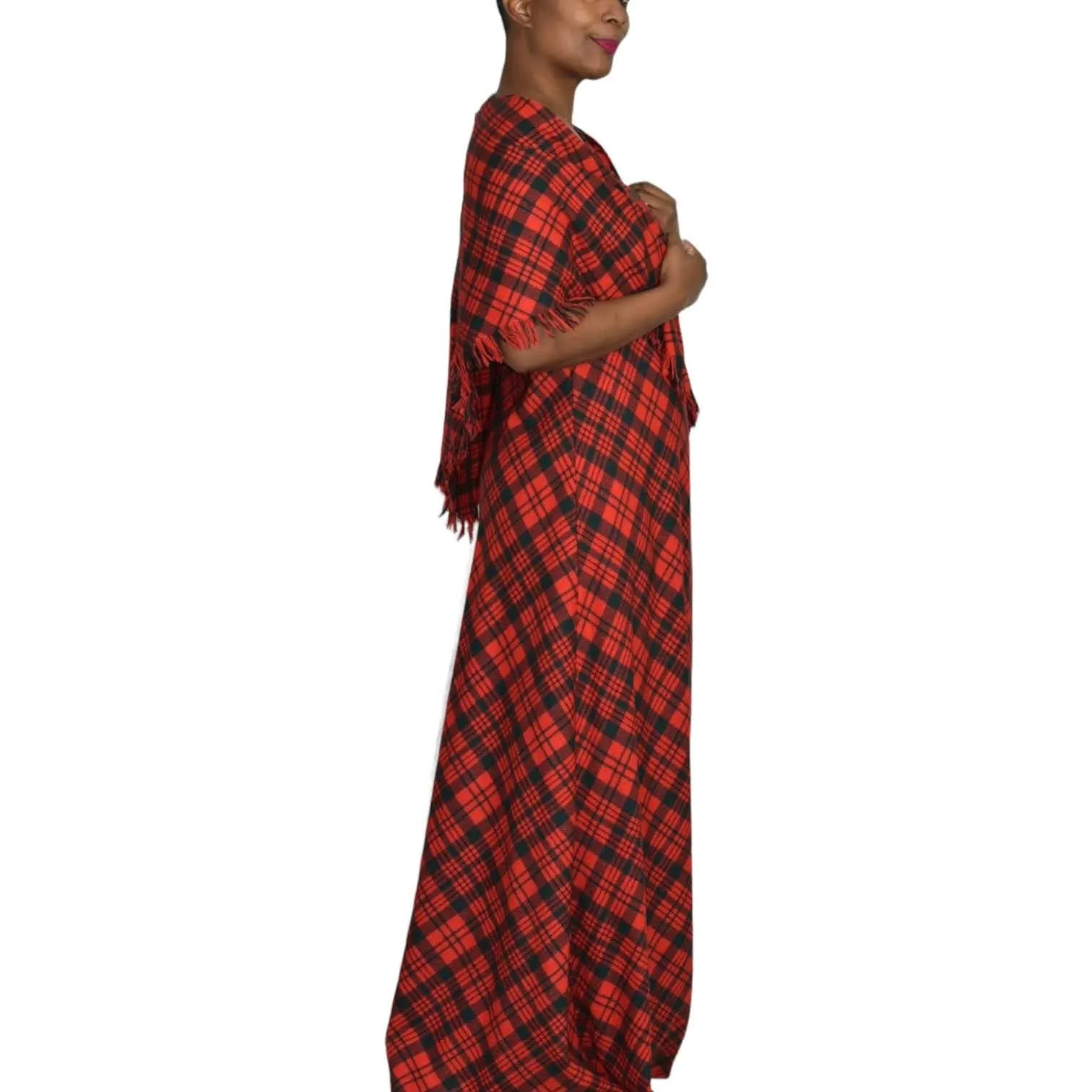 Vintage Tartan Maxi Dress Matching Shawl Red Wool Saba Plaid 70s Size Medium