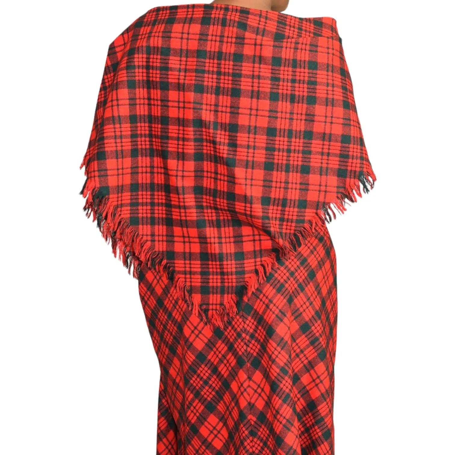 Vintage Tartan Maxi Dress Matching Shawl Red Wool Saba Plaid 70s Size Medium