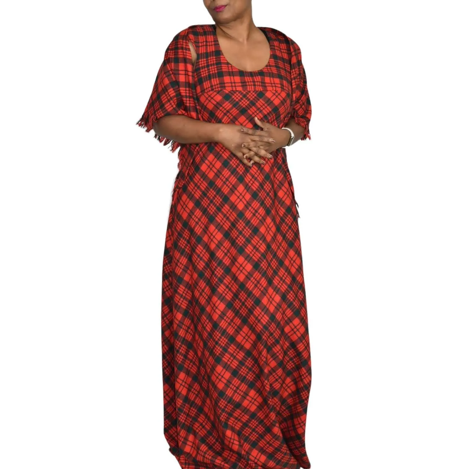 Vintage Tartan Maxi Dress Matching Shawl Red Wool Saba Plaid 70s Size Medium