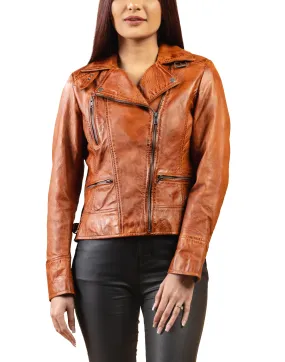 Woman Real Leather Biker Leather Jacket Tan Brown Waxed Soft Lambskin