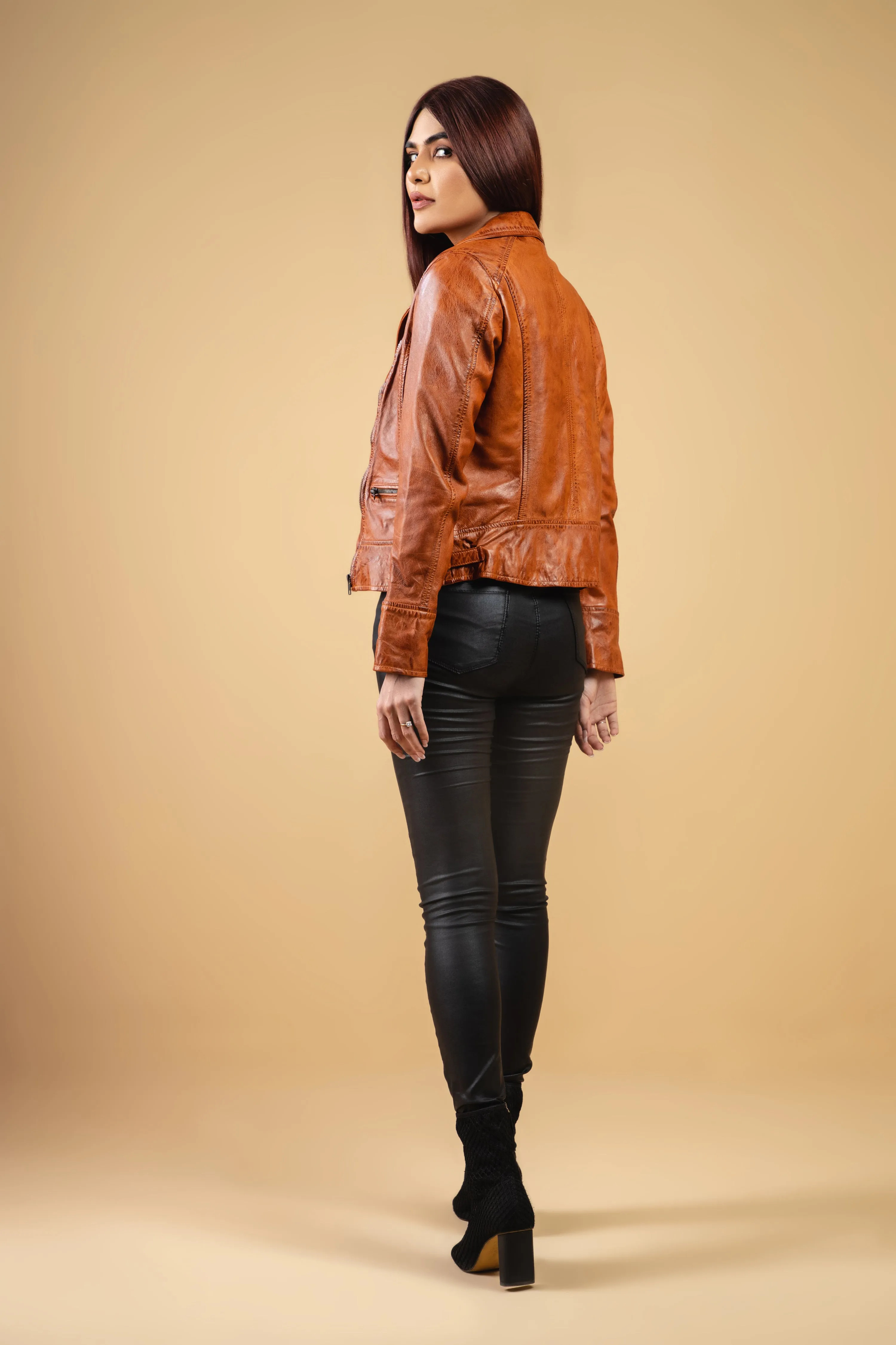 Woman Real Leather Biker Leather Jacket Tan Brown Waxed Soft Lambskin